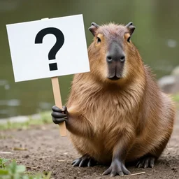 realistic high quality photo of a capybara holding a sign with text that reads :?