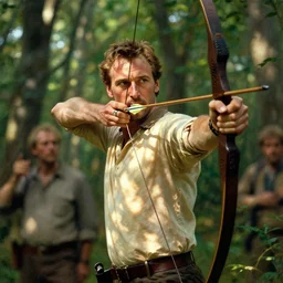 handsome michael fassbender aiming a bow and arrow, sunlight shining through the trees on his torso, hunting scene matte painting by gaston bussiere, craig mullins, j. c. leyendecker