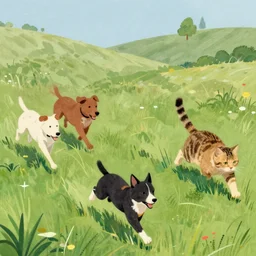 a cat chasing dogs by peggy fortnum