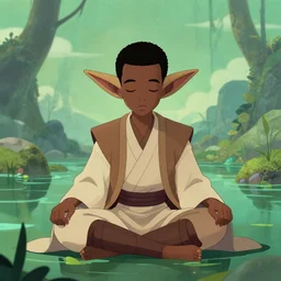 a black boy dressed like a jedi meditating in the swamps of dagobah by ralph mcquarrie, digital art
