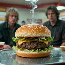 the cheeseburger creature at the fast food restaurant, water caustics, film still from the movie directed by denis villeneuve and david cronenberg with art direction by h. r. giger and bernie wrightson