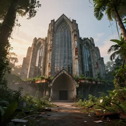 ground level cathedral brutalist architecture abandoned empty streetscapes overgrown jungle natural volumetric light mist sunset rusted steel concrete glass stunning skies scattered rubbish and debris on the ground 8 k finely detailed unreal engine imax cinematic beautifully illustrated sharp focus doom ryan church doug chiang artstation