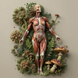a beautiful detailed photo of a full body rotten woman corpse morphing into fractal plants and fractal flowers and mushrooms, muscles, veins, anatomical, intricate, ornate, volumetric light, beautiful lit, manet