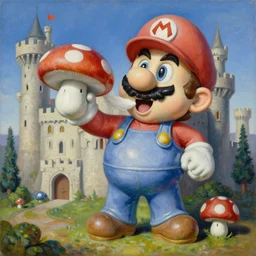 a massive porcelain sculpture in a medieval castle of super mario spewing mushrooms from his mouth, in the style of johnson tsang, funny sculpture, lucid dream series, oil on canvas, francis bacon