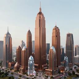 A futuristic Asian city made out of bronze towers and crystal skyscrapers