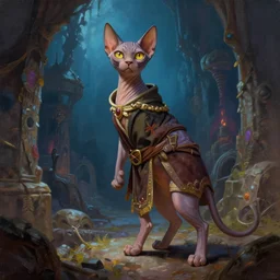 a sphinx cat fursona anthro boy rogue wearing a guild tunic is exploring the grimdark dungeon depths. trending on artstation and pixiv. a vibrant digital oil painting. a highly detailed fantasy character illustration by wayne reynolds and charles monet and gustave dore and carl critchlow and bram sels