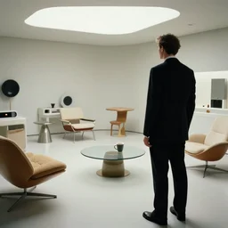 man in futurist room with coffee and black suit by leyendecker and dean cornwell, 8 feet from the camera, 6 0 ´ s futurist furniture
