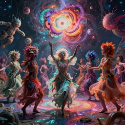 the new disease of spiritual psychedelic and hybrid synthetic metamorphosis, when dichotomies break down and opposites dance in a party of weird surreal cosmic beings of chaos, filmic vibrant full color cinematic octane render