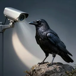 ominous dark crow with surveillance camera for an eye