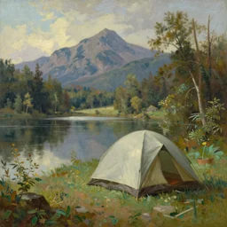 a tent by the river overlooking a lake down the mountain, beautiful detailed oil on canvas painting in the style of the 1 9 th century hudson river school of art