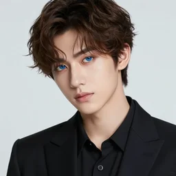 a handsome wavy brown haired blue eyed young man with delicate features dressed as lead singer in a boy band. By Sakimichan, Geoffroy Thoorens, Ruan Jia. Trending on ArtStation. Masterpiece. Rule of thirds.
