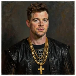 rick astley wearing gold chains and a rapper grille medieval oil painting