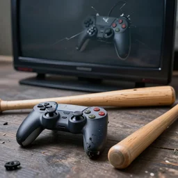 picture of a destroyed game controller next to a broken tv and a baseball bat, 4k, insanely detailed