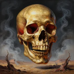 immaculate painting of A Beautiful fine detailed gold and red and black huge skull floating in smoke over desolated wastelands, an iIlusion by erik johansson micro detailing