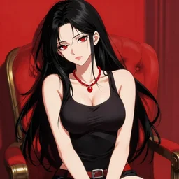 sexy girl with long black hair, wearing a low cut tanktop and red necklace, sitting in a chair, red and black color palette, in the style of and ilya kuvshinov, high quality anime artstyle, intricate