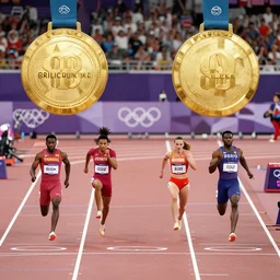 sprinters vying for gold in track and field at the 2 0 2 4 paris olympics, photorealistic, very details, cinematic, symmetry