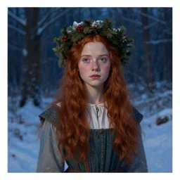 a well - lit, realistic portrait painting of a thoughtful girl resembling a young, shy, redheaded irish alicia vikander or millie bobby brown wearing a christmas wreath in her hair and peasant dress in a deep snow - covered forest at dusk, highly detailed, intricate, concept art, artstation, by donato giancola, ron cobb, and william adolphe bouguereau