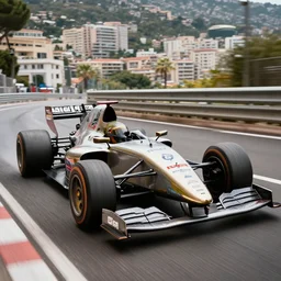 a photograph of a steampunk formula one car racing around monaco