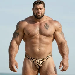 andre the giant with an ethereum tattoo on his chest, in a leopard skin bikini