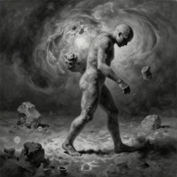 a shapeless cosmic entity collapsing reality as it walks across it, oil painting, grayscale