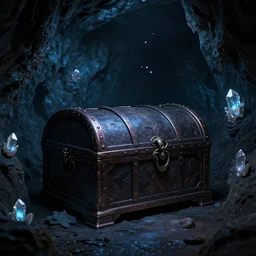 a dark treasure chest in a dark cave with glowing crystals on the dark walls, julie bell