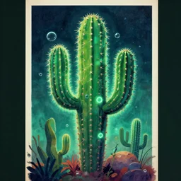 cactus, poster vintage, digital strokes, illustration, bioluminescence, vegetation, water bubbles around cactus, portrait, full shot, rim light, pixar, octane render,