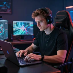 realistic successful man using laptop in gaming room, artstation trends, future concept art, highly detailed, intricate, sharp focus, digital art, 8 k