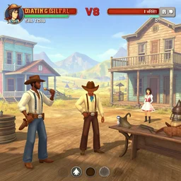 screenshot of gameplay dating simulator game set in 1 8 4 8, interior of old west saloon, featuring african american and japanese cowboys and cowgirls in ghost town with buildings painted bright pastel colors, morning light with mountains in the background