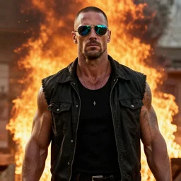 duke nukem wearing reflective sunglasses, narcissistic, full of testosterone, being unfazed by his house being on fire, high quality, very detailed, cinematic, beautiful