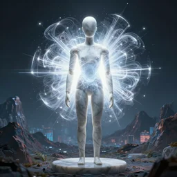 manikin made of marble, fractal neon explosion revealing a portal to a vaporwave paracosm, mountains and city in background, rule of thirds, clean linework, dramatic, moody, introspective, cinematic, award winning, 4 k, trending on artstation, photorealistic, volumetric lighting, octane render