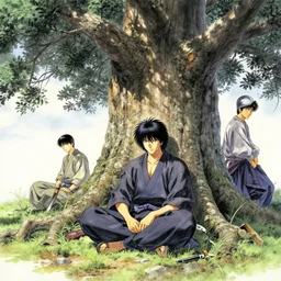 a samurai resting beneath a giant tree, by takehiko inoue and kim jung gi and hiroya oku, masterpiece ink illustration, ultrarealistic