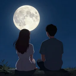 Two lovers contemplating the full moon , digital Art, nilian animation studio, Trending cinematographic artstation