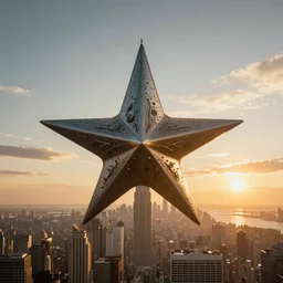 extreme long shot of a colossal star destroyer hovering over the sky of new york city, golden hour, deep depth of field, aerial view, the sun on the horizon, award winning photography, 8 k, octane render, unreal 5, hyperrealistic, symmetrical, breathtaking, groundbreaking, intricate digital art, photoshop, cgi art