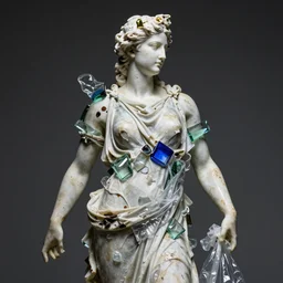 “Apollo statue made of pieces of glass and plastic bags, detailed but rough, 4k photo, great light and shadows, Sony 175mm”