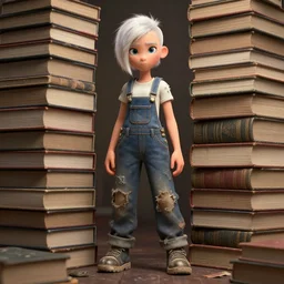 full body pose, beautiful adult library fairy, short white hair shaved sides, pixar, dirty, grungy, grunge, overalls, stacks of giant books, highly detailed, 4 k, hdr, smooth, sharp focus, high resolution, award - winning photo, artgerm, photorealistic