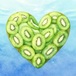 romantic underwater watercolor art of heart shape made of of green kiwi fruits and green gooseberry berries front an underwater volcano, concept, fantasy, glowing, photorealistim, epic, volumetric light, cute golden hour