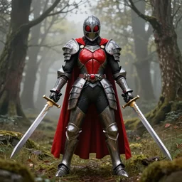 big muscular helmeted female warrior with a long red cape wielding two swords wearing full body knight!! armor, forest plains of yorkshire, misty forest, elden ring, dark souls, good value control, digital painting, sharp focus, rule of thirds, 4k, knight inspired kamen rider armor, rubber suit, centered, magic hour photography, atmospheric, moody vibrant colors