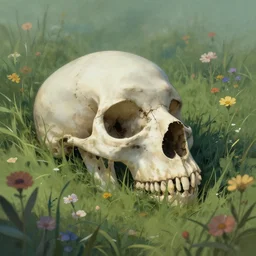 atmospheric illustration of decaying bones in a meadow of flowers