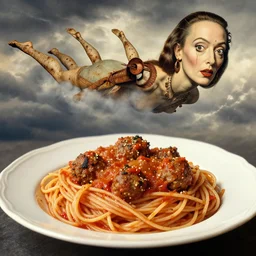 perfect woman bodies inside spaghetti bolognesa with meatballs and hundred rusted perfect woman bodies flying in stormy clouds by dali, hyper - realism