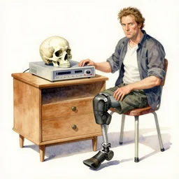 watercolor furniture amputee with cranial vhs player 1 9 8 8 by bernie wrightson, boris vallejo, fine art masterpiece baked at 3 0 0 f, matte painting, backlit dystopian lighting, photorealistic render, cinematic,