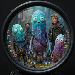 3 6 0 degree fisheye lens shot of weak slime mobs peter morbacher, ross tran, greg rutkowski, intricate details, trending on artstation, cinematic lighting, digital painting, sharp focus, no blur, octane render, artgerm