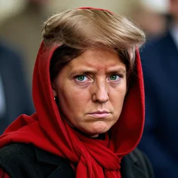 portrait of donald trump as afghan girl, green eyes and red scarf looking intently, photograph by steve mccurry