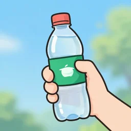 an animated hand holding a bottle of water