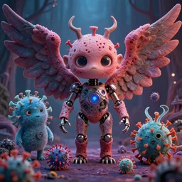 Cute Coronavirus Creatures!, Infernal Nymph!!!, The Graveyard, cinematic, hyper realism, high detail, octane render, unreal engine, 8k, vibrant color, Mechanical Angel!!!!, porous skin, Integrating with Technology!!, by dom qwek and andrea chiampo