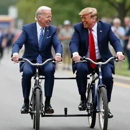 joe biden and donald trump drunkenly riding two seater bike together, laughing and joking, photorealistic, detailed