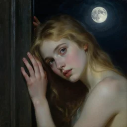 girl under moonlight by auguste toulmouche and bouguereau, dark lighting, perfectly detailed eyes, beautiful hands, pale skin, blonde hair, leaning on door, dreamy mood to the painting
