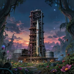 a beautiful photorealistic rendering of industrial architecture missile launch facility by philip johnson, gem at night tokyo reclaimed by nature studio ghibli venus fisheye extraterrestial at dusk flowers vaporwave universe anime darkacademia apocalyptic at dawn azeroth magic realism alien forest, archdaily, wallpaper, highly detailed, trending on artstation.
