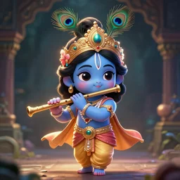 birth of little lord krishna, wearing a peacock feather on his crown, holding flute in one hand, structured hand, cute face, focus, full body, anime, chibi, illustration, concept art trending on artstation, devainart, clear face, cinematic lighting, atmospheric, magical effect, glowing effect, hd, hyperdetailed, hyperreal