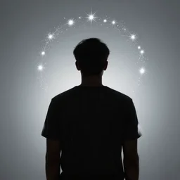 photo still of behind view, dark silhouette of a man, enchanting a sparkly spell, 8 k, studio lighting bright ambient lighting key light, 8 5 mm f 1. 8