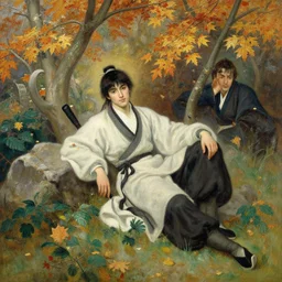 wuxia, autumn, attractive male rest in the garden, painting by gaston bussiere, craig mullins, j. c. leyendecker